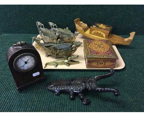 A tray of antique tins, inlaid music box in the form of a gondola, three miniature metal planters, mantel clock etc 