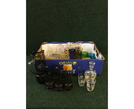Two boxes of assorted mid 20th century glass and china - part Fiesta tea service, Beefeater plates, etc 