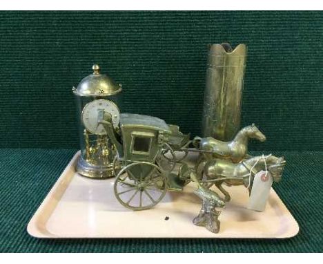 A tray of two brass horse and carriage, brass ammunition shell, bird ornament and clock under shade 