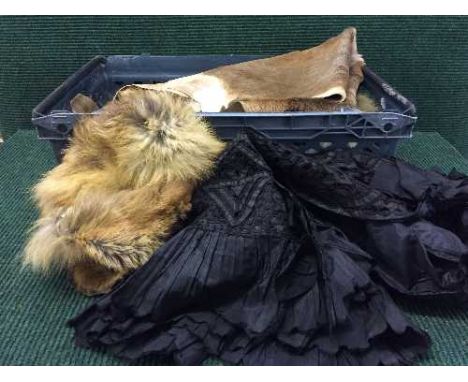 A lady's simulated fur coat, box of fur wraps, animal furs, vintage clothing etc 