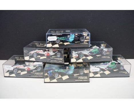 Six cased Paul’s Model Art Minichamps Formula 1 diecast models to include Honda RA108 J. Button 2008, Honda RA108 R. Barriche