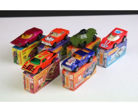 Six boxed Matchbox Rolamatics / Streaker diecast models to include 10 Piston Popper in metallic blue, 27 Lamborghini (Streake