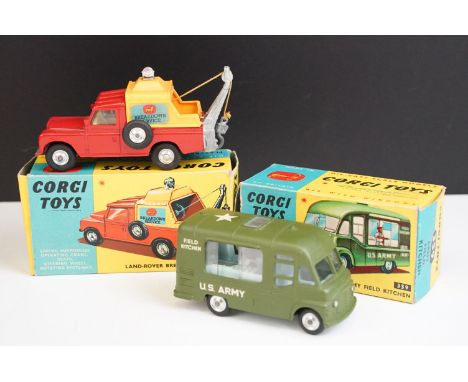 Two boxed Corgi diecast models to include 359 Army Field Kitchen (diecast vg, box gd with missing end flap) and 477 Land Rove