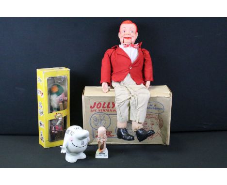 Boxed Jolly Jim The Ventriloquists Doll, a boxed Pelham Puppets SM4 MacBoozle puppet (both tatty boxes) plus a ceramic Carlto