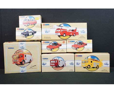 Eight boxed Fire Vehicles / Engines from Corgi diecast models to include 97355 The Nottingham, 97392 Simon/Dennis, 97357 Hert