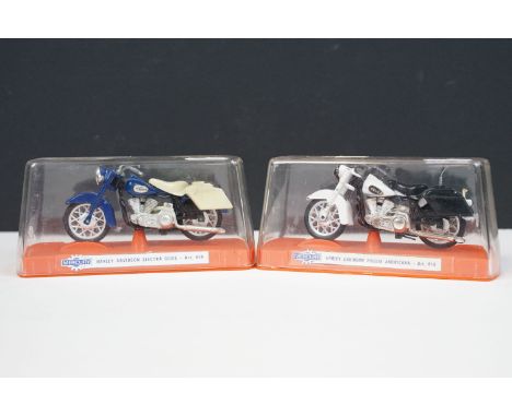 Two cased Mercury Harley Davidson diecast models to include 616 Polizia Americana and 614 Electra Glide, both ex with gd case