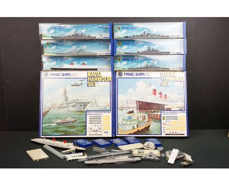 Eight boxed 1/1200 Triang Minic Ships featuring 2 x sets to include Naval Harbour Set and Ocean Terminal Set and 6 x diecast 