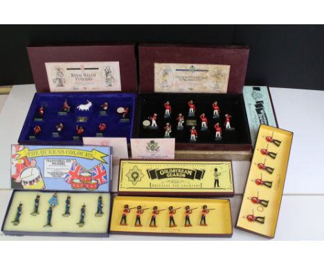 Five boxed metal soldiers sets to include 4 x Britains (5191 The Royal Welch Fusiliers, 5391 US Army Band of Washington DC, 8