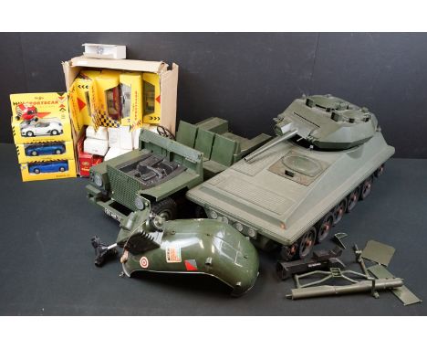 Three Palitoy Action Man vehicles featuring Scorpion Tank, Land Rover and Helicopter, in play worn condition, along with 19 x