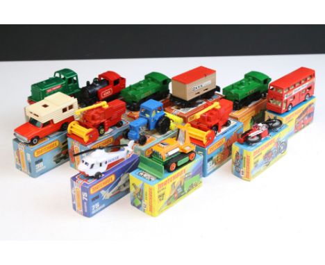 13 Boxed Matchbox diecast models to include 18 Hondarora, 2 x 51 Combine Harvester, 47 Pannier Locomotive, 17 The Londoner, 4