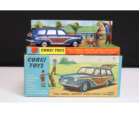 Boxed Corgi 440 Ford Consul Cortina Estate Super Estate Car diecast model complete with golfer, caddy and golf bag figures, v