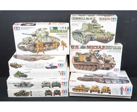 Eight boxed Tamiya 1/35 military plastic model kits to include 68 British Army Main Battle Tank Chieftain Mk 5, 108 Russian T