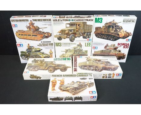 Nine boxed Tamiya 1/35 plastic military model kits to include 190 M4 Sherman (early production), 284 French Armoured Carrier 