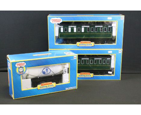 Three boxed Bachmann G scale Thomas &amp; Friends Deluxe items of rolling stock featuring 2 x Emily's Coaches to include 9700
