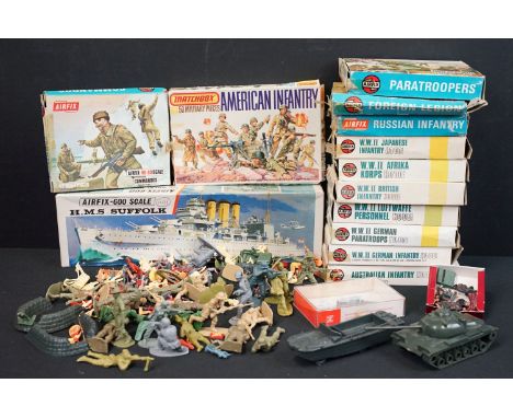 11 Boxed Airfix plastic model kits featuring WWII Japanese Infantry, WWII Afrika Korps, WWII British Infantry, WWII Luftwaffe