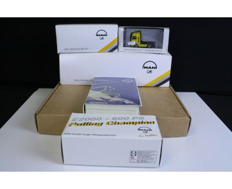 Collection of MAN related items to include 3 x Conrad diecast models featuring E2000-600PS Pulling Champion, 09380690201 and 