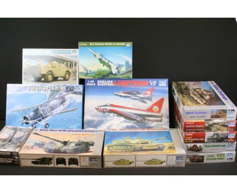 13 Boxed 1/32 - 1/35 Trumpeter plastic military model kits to include 03207 Fairey Swordfish Mk I, 02280 English Electric BAC