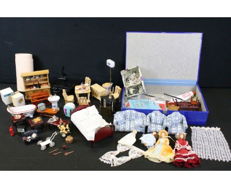 Collection of various dolls house furniture to include dresser, chairs, sofa, table and cutlery, ceramic toilet and sink, sid
