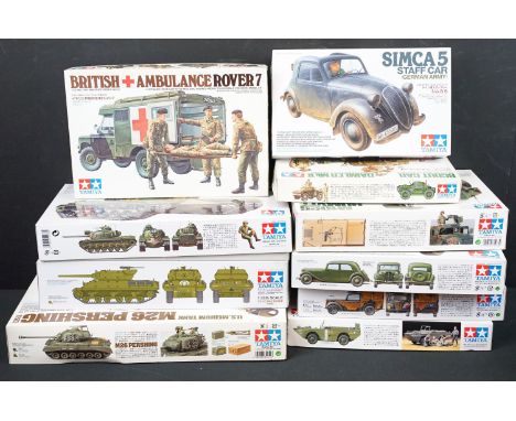 10 Boxed Tamiya plastic military model kits to include 120 M48A3 Patton, 254 US Medium Tank M26 Pershing, 350 US Tank Destroy