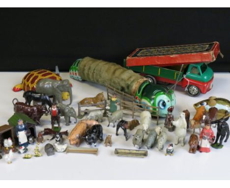 Group of vintage toys to include early-mid 20th C Britains metal farm figures and animals, boxed Chad Valley Bakelite Draught