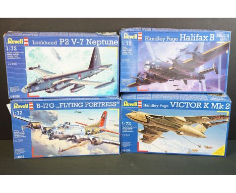 Four boxed Revell 1/72 plastic military plane model kits to include 04283 B-17G Flying Fortress, 04670 Handley Page Halifax B
