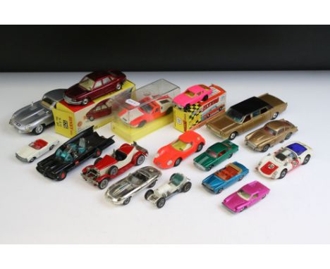 Three boxed diecast models to include boxed Dinky 176 NSU Ro 80 in burgundy, cased Dinky 187 De Tomaso Mangusta in orange and
