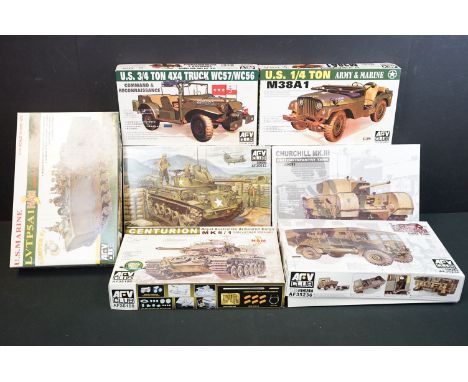 Seven boxed 1/35 ARV Club plastic model kits to include AF35236 AEC Matador Early Type, AF35022 US Marine LVTP5A1, AF35S17 US