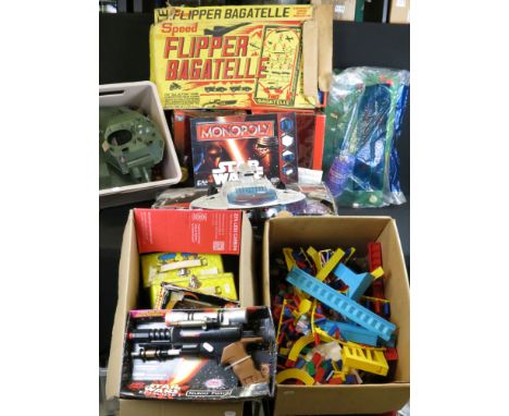 Collection of mixed figures, collectibles and toys to include The Domino Rally, Monster High dolls, Fisher Price, 2 x Hasbro 