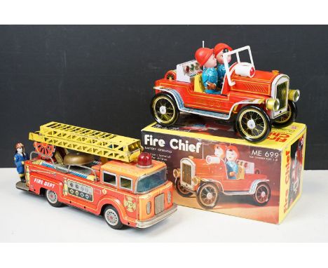 Two fire engine models to include boxed tin plate ME 699 Battery Operated Fire Chief and tin plate fire engine with ringing b