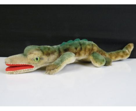 Steiff crocodile soft toy with button on back, repair to tail, gd otherwise, 33cm in length