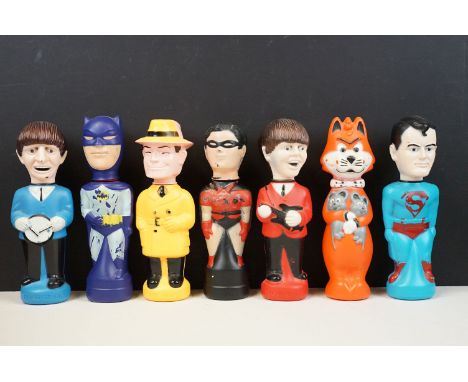Seven original 1960s soaky / bubble bath bottles to include 2 x Imco The Beatles (Ringo Starr and Paul McCartney), Dick Tracy