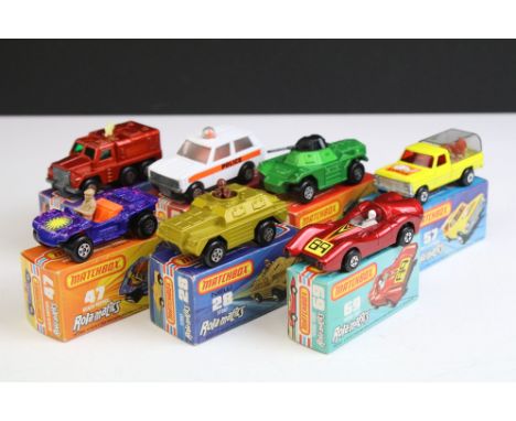 Seven boxed Matchbox Rolamatics diecast models to include 57 Wild Life Truck in yellow, 69 Turbo Fury in metallic red, 28 Sto