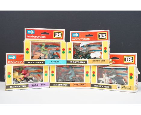 Five boxed Britains Motorcycles diecast and plastic models to include 967 Racing Norton, 9698 British Army, 9682 US Army Disp