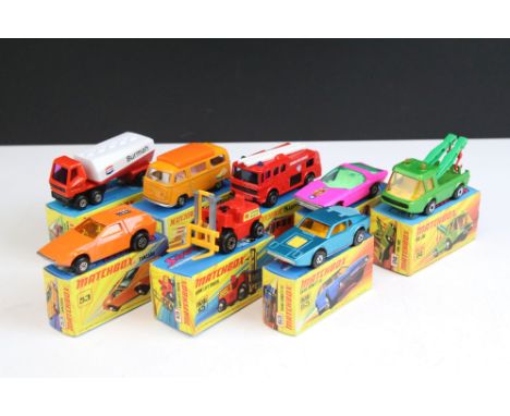Eight boxed Matchbox Superfast diecast models to include 65 Saab Sonett III in metallic blue, 53 Tanzara in orange, 15 Fork L