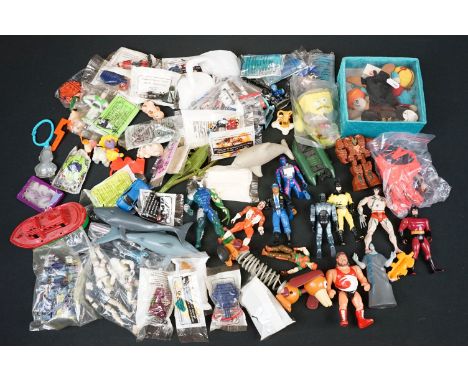 Quantity of assorted action figures to include Wolverine, Batman, Bandai Rock Lords, Action Man with parachute, WWE Wrestling