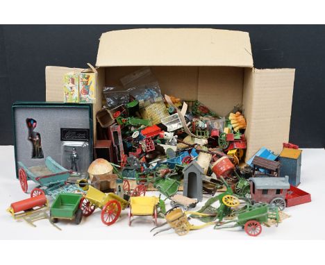 Large quantity of mainly Britains and some Dinky accessories to include horse carts, push carts, milk churns, fences, rollers