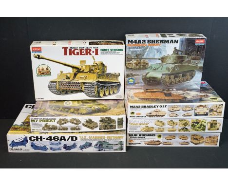 Seven boxed Academy plastic military model kits to include 1/48 12210 CH-46A/D US Marines-Vietnam, 1/35 13210 US Howitzer Mot