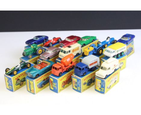 16 Boxed Matchbox 75 Series diecast models to include 50 John Deere Lanz Tractor, 52 BRM Racing Car, 5 Lotus Europa, 73 Ferra