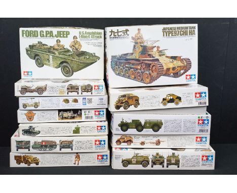 12 Boxed Tamiya 1/35 plastic military model kits to include 275 Japan Ground Self Defense Force Light Armored Vehicle, ltd ed