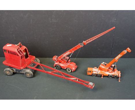 Three diecast and tin plate model cranes to include 2 x NZG models featuring No. 198 Sparrows Telescopic Crane Truck in red a