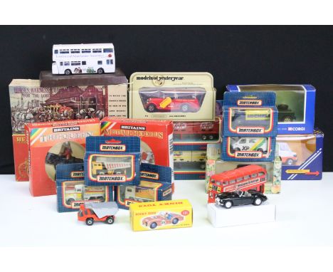 11 Boxed diecast models to include 7 x Matchbox models featuring MB-60, CY-18, MB-53, MB-26, etc, Dinky Norev 111 Triumph TR2