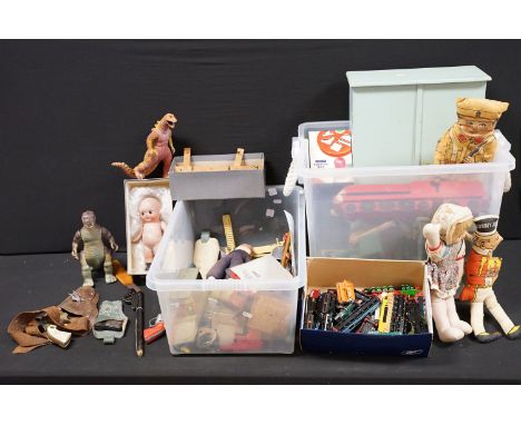 Collection of various toys and games to include quantity of wooden scratch built models to include green and red locomotive, 