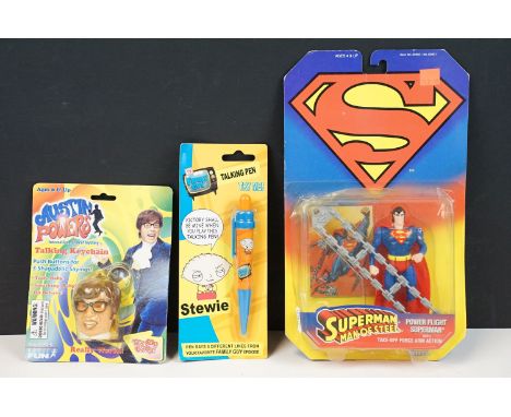 Carded Kenner Superman Man Of Steel action figure along with 1 x Carded Basic Fun Austin Powers Talking Keychain and JDK card