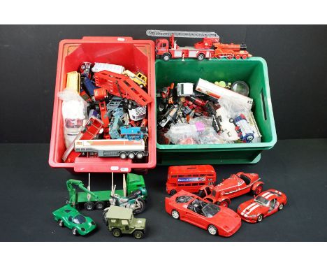 Large collection of diecast and plastic models to include Burago, Chad Valley etc, condition varies (two boxes) 