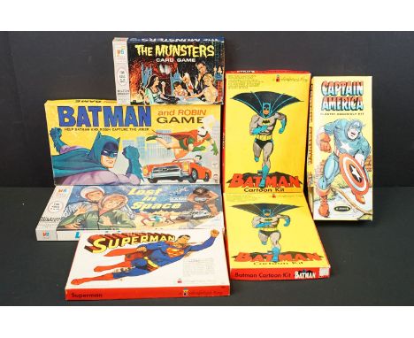 Seven boxed TV / Film related toys to include Aurora Captain America Plastic Assembly Kit, Hasbro Batman and Robin Game, MB L