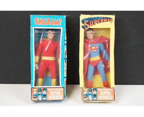Two boxed Mego 'World's Greatest Super Heroes' 7" action figures to include Superman 1300 and Shazam, both in gd condition wi