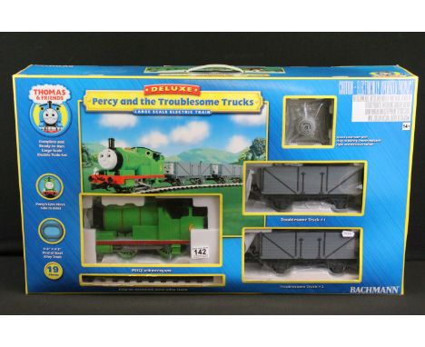 Boxed Bachmann G scale Thomas &amp; Friends Deluxe Percy and the troublesome rucks electric train set, complete 