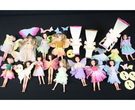 Collection of Hornby Flower Fairies dolls and accessories to include 13 x figures, clothing, 5 x stands etc 