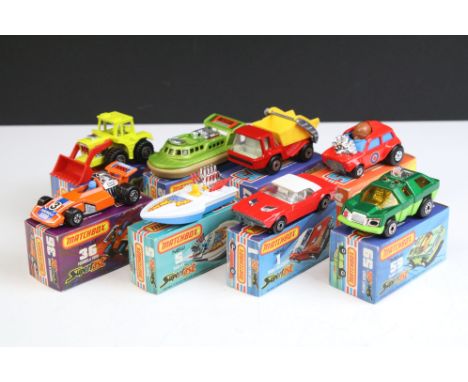 Eight boxed Matchbox Superfast diecast models to include 59 Planet Scout in two tone green, 36 Formula 5000 in orange, 14 Min