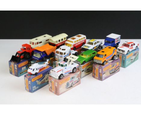 13 Boxed Matchbox 75 Series / Superfast diecast models to include 65 Airport Coach, 9 Ford RS2000, 74 Cougar Villager, 68 Che